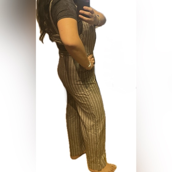 JAPNA Khaki Stripe Linen Romper Jumpsuit Boho Kawaii Bow Back Overall Pant Tie S - Picture 14 of 16